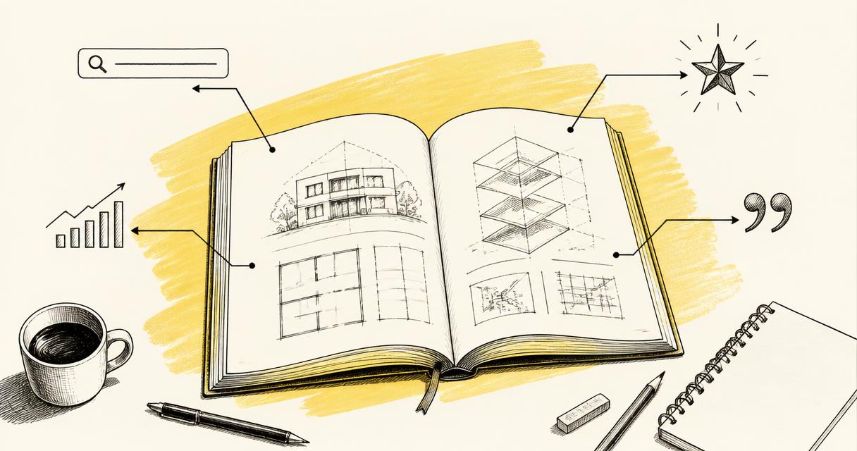 Hand-drawn sketch of an open blueprint manual with a pastel yellow highlighter swipe.