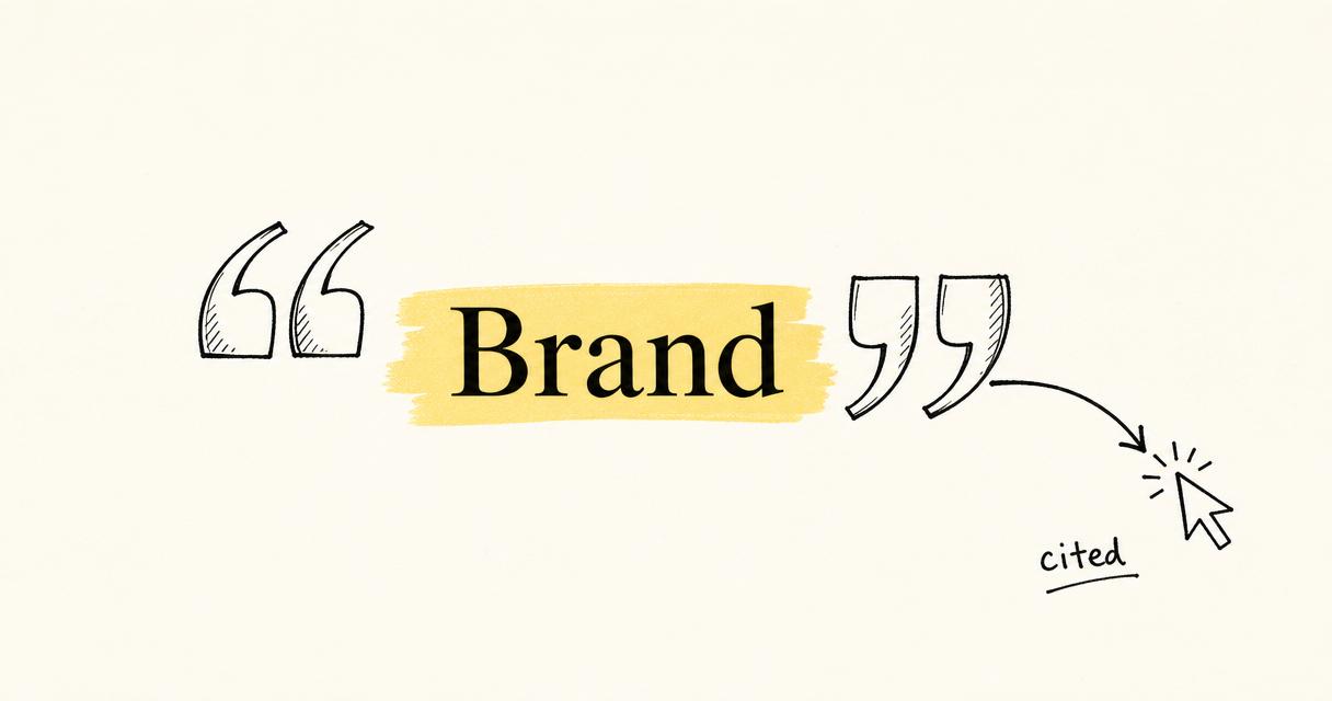 Hand-drawn sketch: oversized quotation marks wrapping the word 'Brand' on a yellow highlight, with an arrow to a cursor.