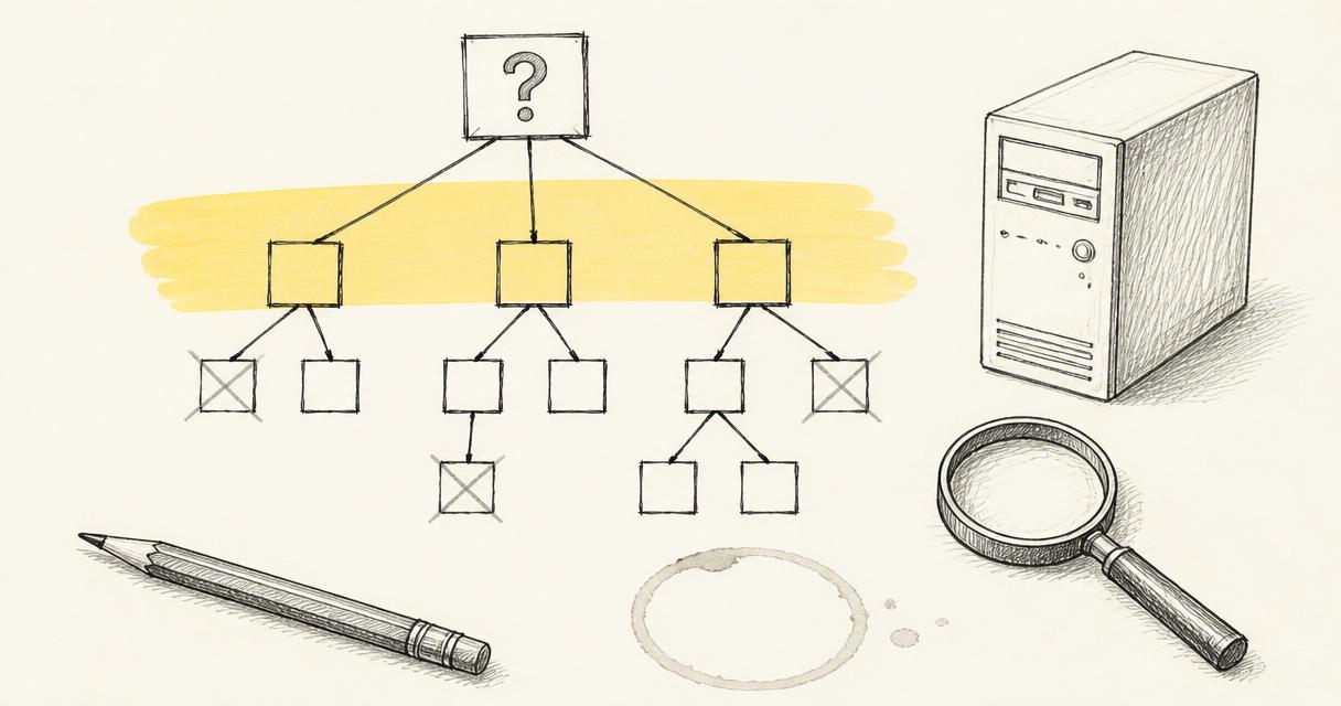 Hand-drawn sketch: a branching logic tree of boxes with some branches crossed out, beside an old desktop computer tower and a magnifying glass, over a pastel yellow brush-swipe.